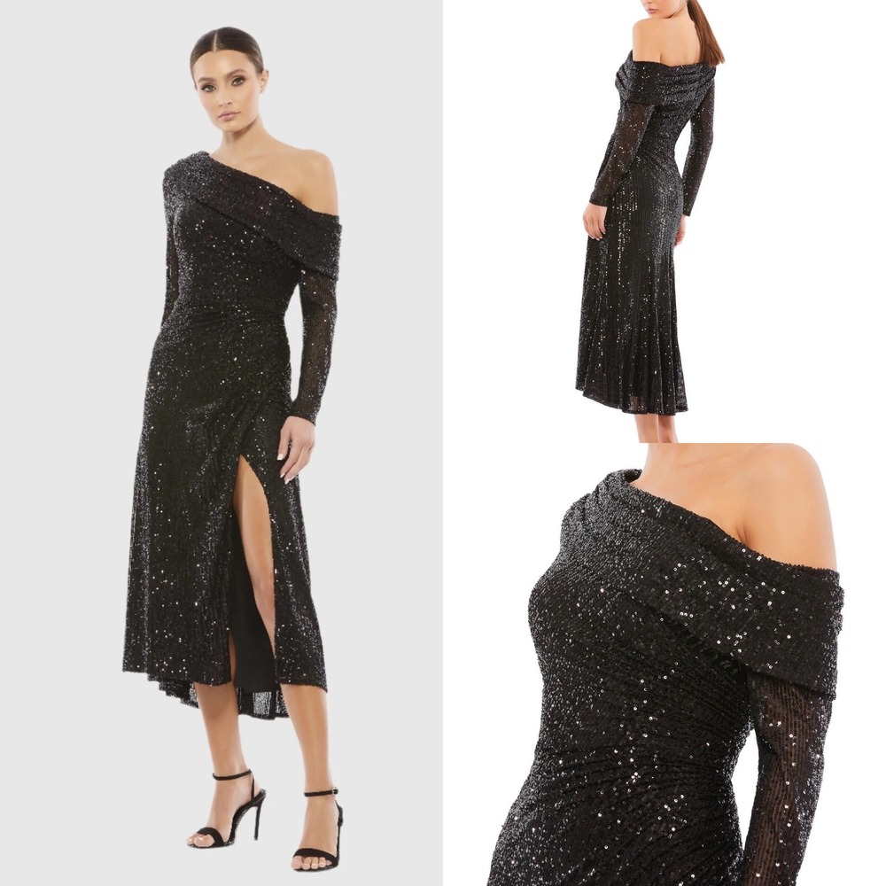 NWT Ieena For Mac Duggal 26551 Black Sequin One Shoulder Midi Dress Size 6